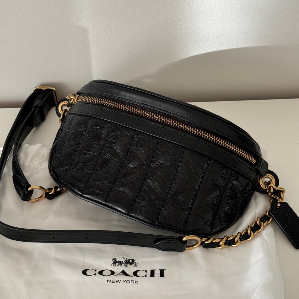 Coach Black Quilted Leather Crossbody with Gold Chain Accents